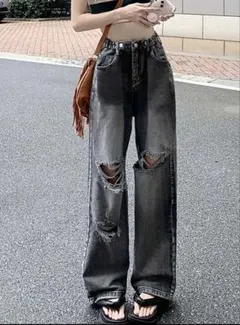shein ダメージ加工ダークグレー ストレートデニム Lサイズ