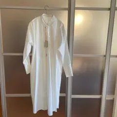 両サイドポケット付きホワイト 長袖 シャツワンピース