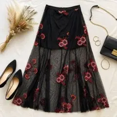 希少 FOREVER21 刺繍チュールロングスカート 黒 花柄 シアー レースのサムネイル