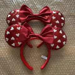 最終　ディズニー　カチューシャ　2個　スパンコール　リボン　ハート　レッド　赤