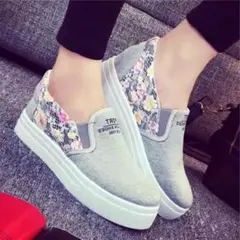 【グレー37】スニーカー スリッポン レディース 厚底 インソール 花柄 ☆