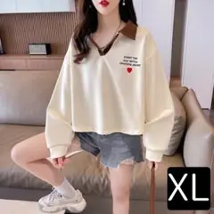 XL ハート カジュアル 【数量限定】トレーナー 韓国風 ホワイト 開襟 刺繍