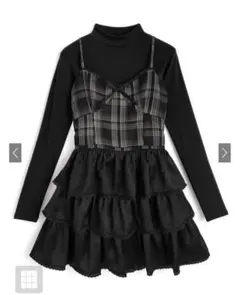 リブニットトップス×チェック柄ティアードキャミワンピースセットアップ