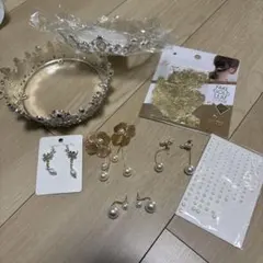 お得！すぐ使える結婚式セット ティアラ2 ピアス4 金箔 パールシール セット！