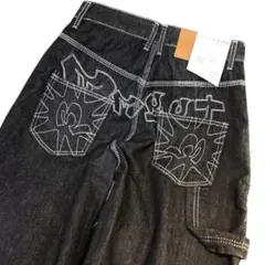 刺繍デザイン ダークデニム ワイドレッグパンツ バギーデニム　Mサイズ