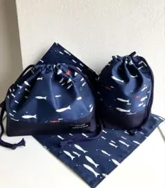 ハンドメイド　お弁当セット　魚ネイビー