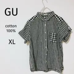 GU 黒ギンガムチェック　シャツ　半袖ブラウス　XL 綿100% 黒　ブラック