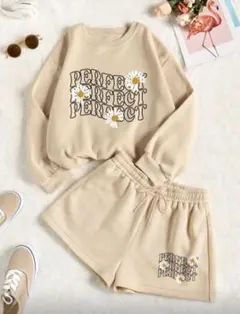 ベージュ 花柄プリント セットアップ スウェットセット ルームウェア