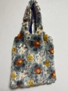 Lily Brown フェイクファー トートバッグ 花柄 ブルー×イエロー 秋冬