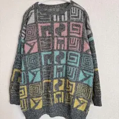 ヴィンテージ 総柄 幾何学模様 ニット セーター レトロ 派手色
