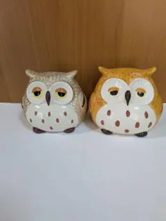 251 フクロウ　貯金箱　縁起物　眠そう　2羽セット