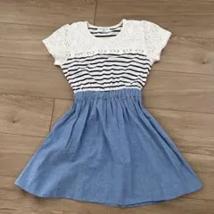 キッズ160 ボーダーデニム半袖ワンピース