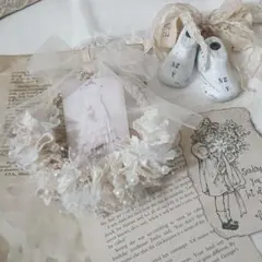 ミニリース.oOレースのリース　刺繍枠のリース エクリュ紅茶染めレース　ドレス♡