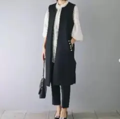 黒　ブラック　ジレ　ロングジレ　パール　卒業式　入学式　おしゃれ　上品　スーツ