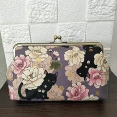 ハンドメイド　通帳ケース　お薬手帳　コスメポーチ　花と黒猫　和柄　A⑬