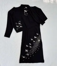 週末限定価格✨️【美品】1点もの鶴刺繍ワンピース ジャケットセット大きいサイズ 黒