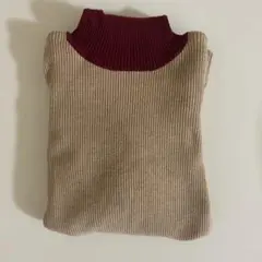 tina jojunリブ編みタートルネックセーター ベージュ×ワインレッド
