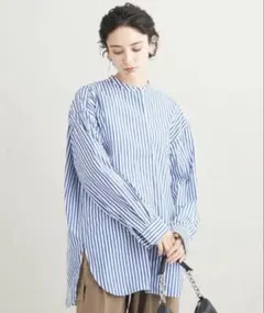 BEAUTY&YOUTHコットンタイプライター スキッパー チュニックストライプ