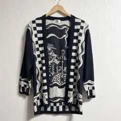 Modigdiani 古着　ヴィンテージ　総柄　ニット　カーディガン　ネイビー
