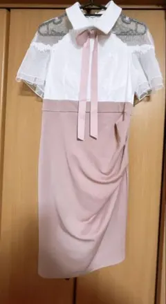 tika ネックリボン襟デザインレース切替アシメ半袖タイトミニドレス