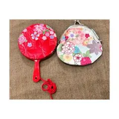 和柄がま口コインケース 手鏡セット 和風 ちりめん雑貨