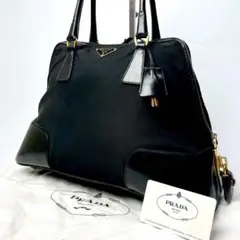 ◆極美品/近年◆PRADA 三角ロゴ ハンドバッグ ナイロン ブラック レザー
