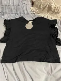 earth music&ecology フリル袖 ブラックTシャツ