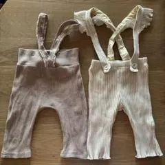 サスペンダー付きリブレギンス　２枚セット　アイボリー、くすみピンク