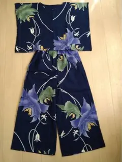 未使用浴衣リメイク セットアップ 紺 花柄