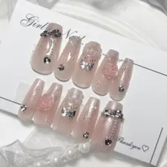 Ｎｏ．現品 ネイルチップハンドメイド ピンクシルバーマグネット薔薇リボン韓国