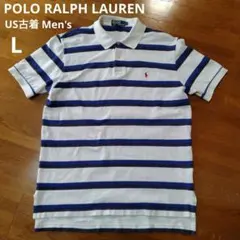 ポロラルフローレン ポロシャツ 刺繍ロゴ ボーダー Men's L 白 紺 青