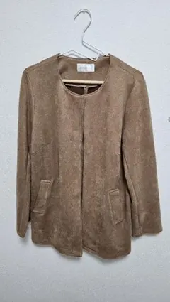 レディースLノーカラージャケット ブラウン 膝丈コート薄手春服アウター