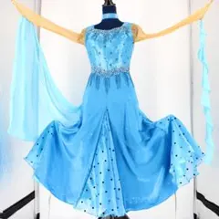 【美品 社交ダンス衣装】ワンピース ドレス 青 ライトブルー 黒 ブラック