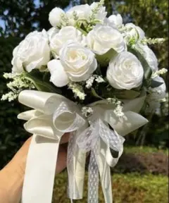 ホワイト 人工花 ブーケ リボン付き　結婚式