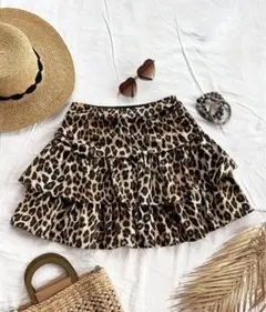 Ｌサイズ／ヒョウ柄 3段フリル フレアスカート