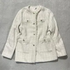 grove⭐︎グローブ【美品】ノーカラー フリンジツイードジャケット ホワイト M
