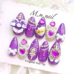 ネイルチップ 地雷系 量産型 オーダー パープルビジュー 姫系ガーリー きらきら