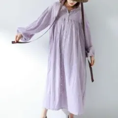 新品　サニーレーベル　コットンリーフ柄カットドビーワンピース　ラベンダー