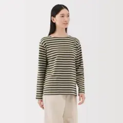 未使用タグ付　無印良品　太番手ボートネック長袖Ｔシャツ婦人Ｌ・カーキ太ボーダー