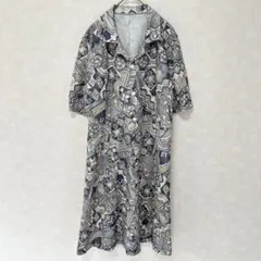 美品✨ ビンテージ レトロ 総柄 半袖 膝丈ワンピース 幾何学模様 グレー系 L