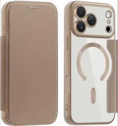 iPhone17Proケース手帳型MagSafe対応PUレザー チタンゴールド