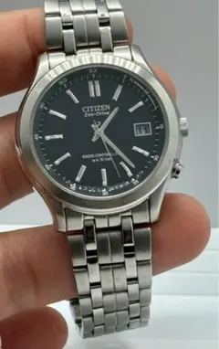 CITIZEN ECO-DRIVE ソーラー電波 黒文字盤 メンズ【稼動】
