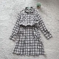 【Lindsay】長袖シャツワンピース ロールアップ チェック柄 絞り紐 春夏秋
