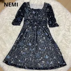 NEMI 花柄 七分袖ワンピース　ネイビー　M-Lサイズ　858