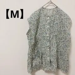 青系 花柄 ノースリーブ シャツ 【M】フェミニン 夏 かわいい ハンドメイド