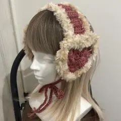 ハートイヤーマフ 耳あて ハンドメイド ラズベリーレッド×ベージュ