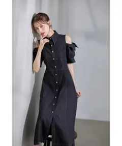 toccoclosetオープンショルダーバックレースアップデニムシャツワンピース