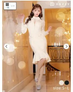 オールレースリボン襟付きフロントジップ長袖膝丈マーメイドキャバドレス M