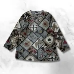 LADIES FASHION 幾何学×花柄 ノーカラージャケット Lサイズ