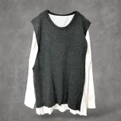 長袖チュニック　ブラウス　M　重ね着風　グレー系　プリーツ　ナチュラル　ゆったり